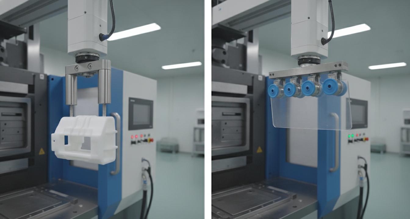 01 Servo Take-Out Robot Arms for Injection Molding Pneumatic Gripper vs Vacuum Suction End-of-Arm Tooling