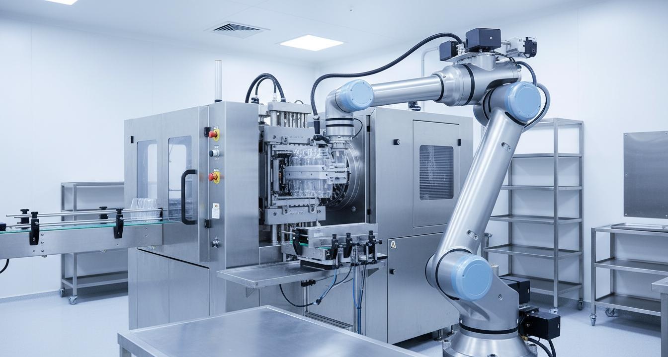 Food-Grade Robot Arm for Injection Molding Stainless Steel Construction and IP65 Washdown for Dairy Packaging